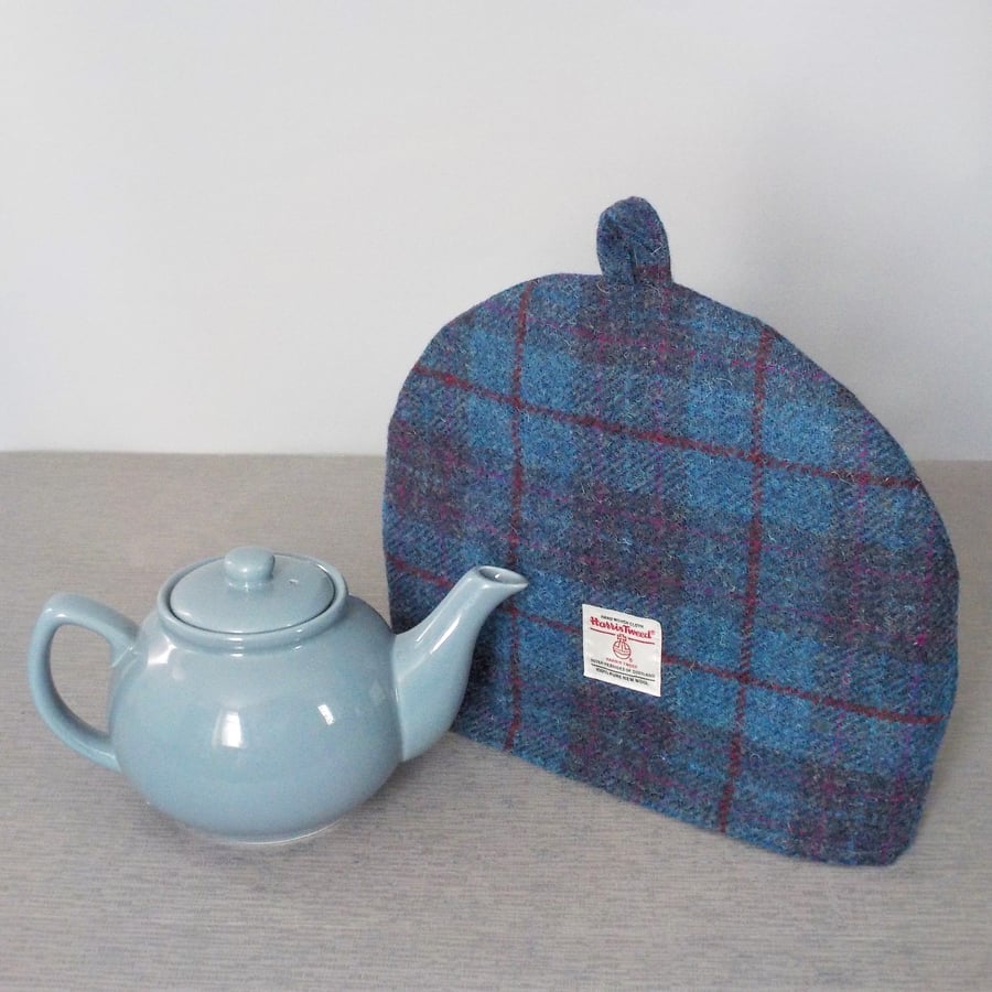Harris Tweed tea cosy blue and purple tartan fabric teapot cover