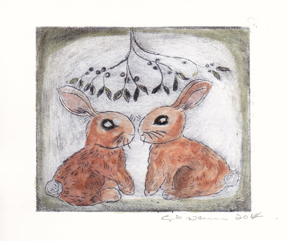 Bunnies under the mistletoe.  Dry point etching.