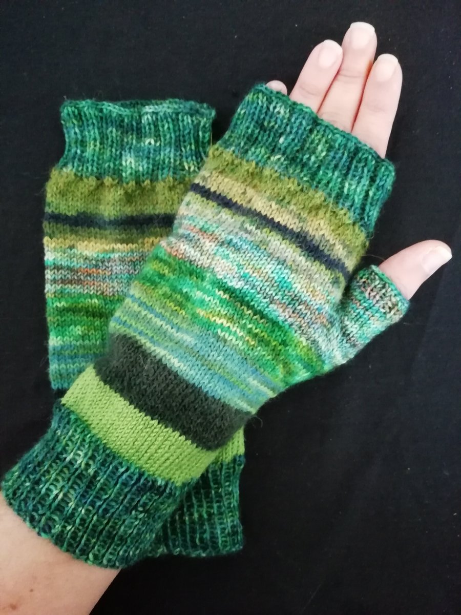 Fingerless Gloves - Hand Knitted, Multicoloured Greens 