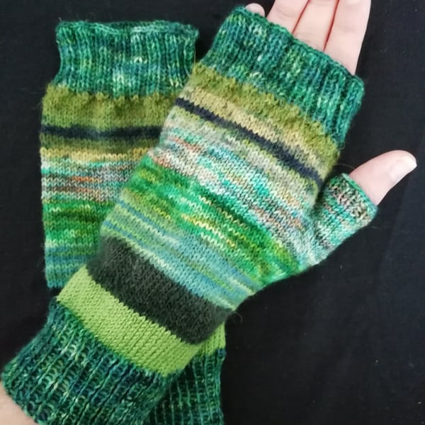 Fingerless Gloves - Hand Knitted, Multicoloured Greens 