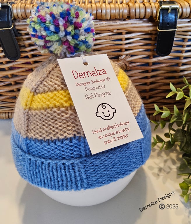 Designer Hand Knitted Baby Boy's Pompom Hat 0-3 Months size