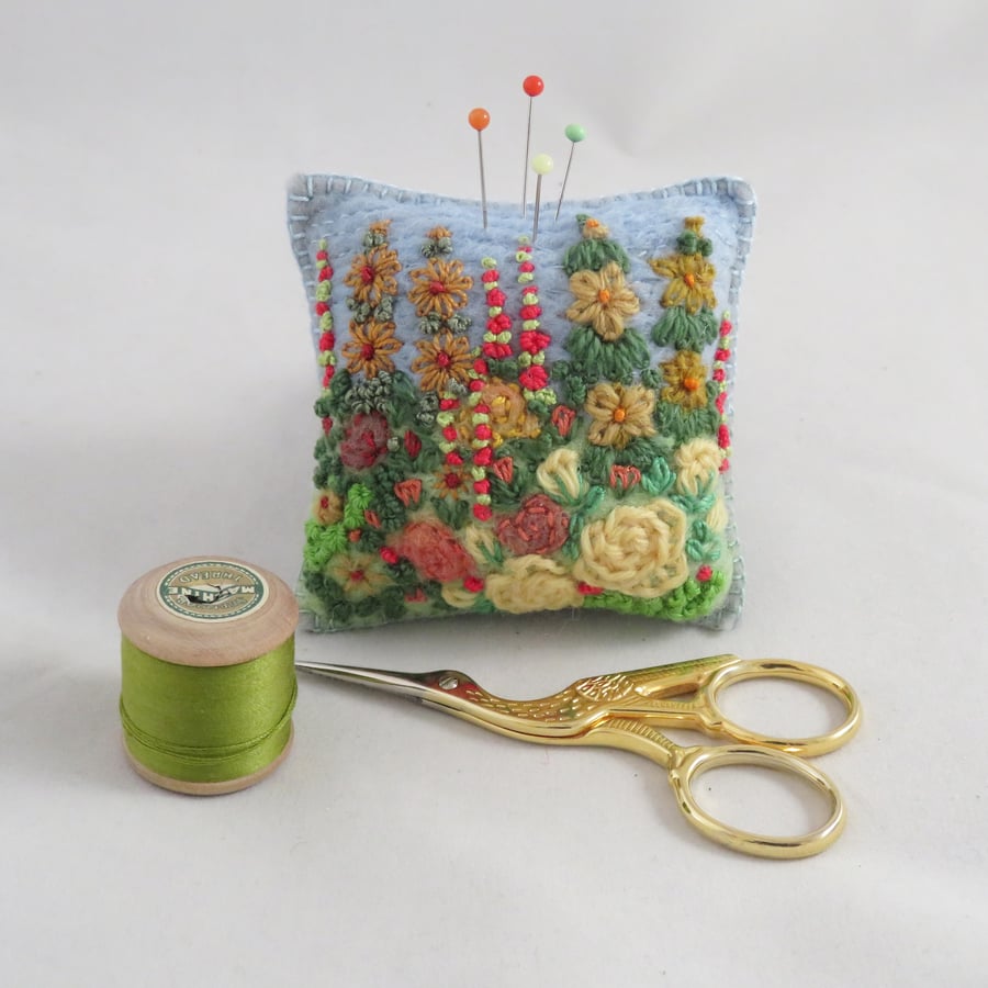 Golden Rose Garden Pincushion - felted and embroidered