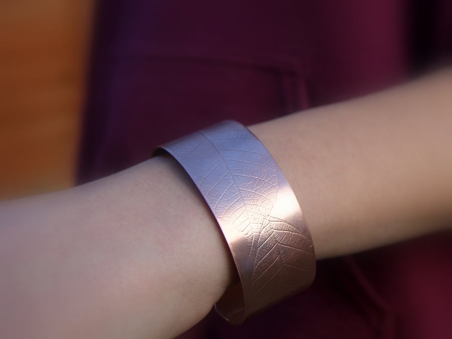 Pure copper cuff bracelet, Leaf print copper bangle