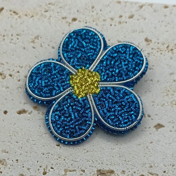 Flower Brooch, Bead Embroidery Flower, Goldwork Embroidery Brooch, Forget Me Not