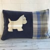 West Highland Terrier cushion in blue with tweed tartan accents