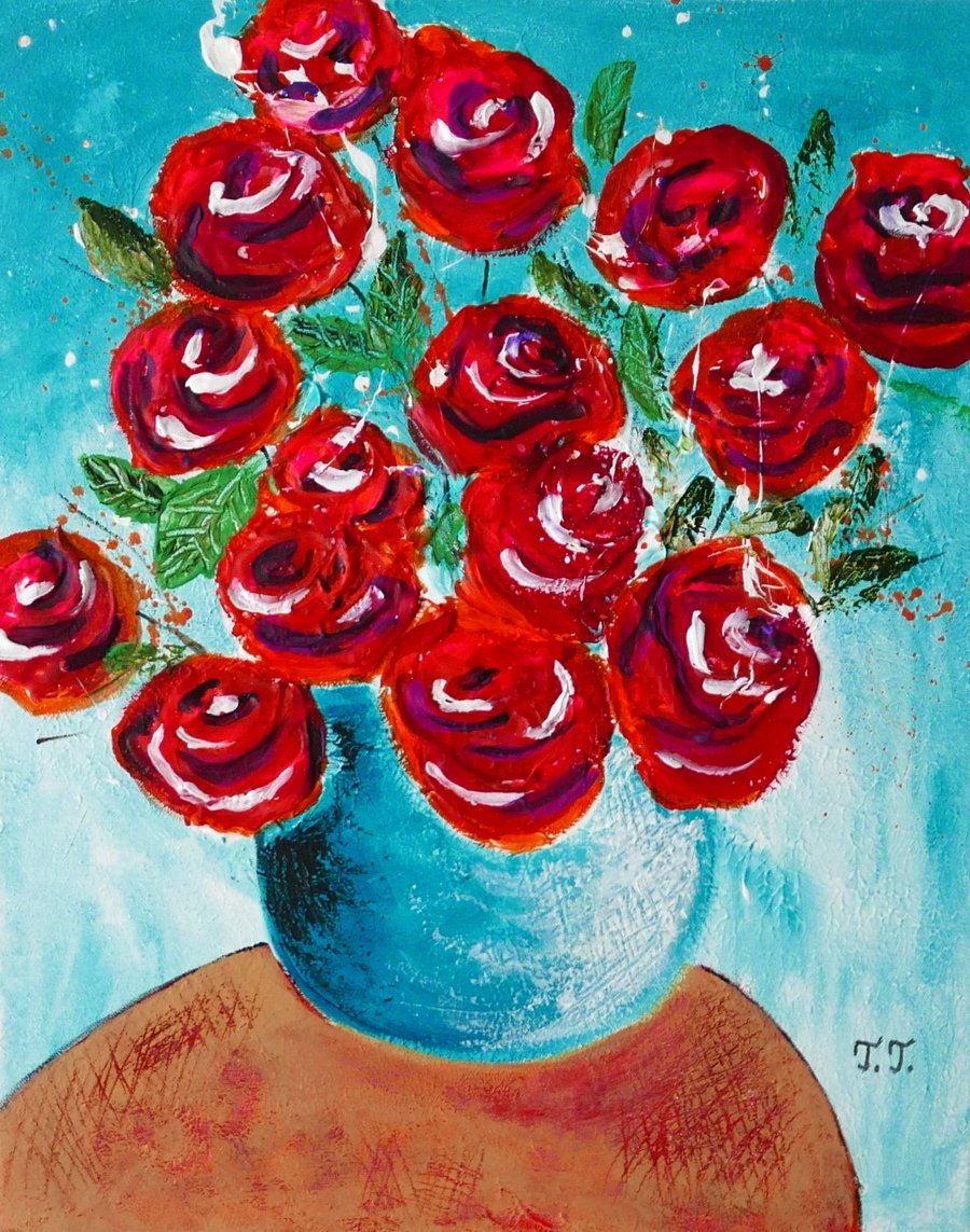 Red Roses Painting, Contemporary Floral Artwork, Still Life Rose Bouquet Art  