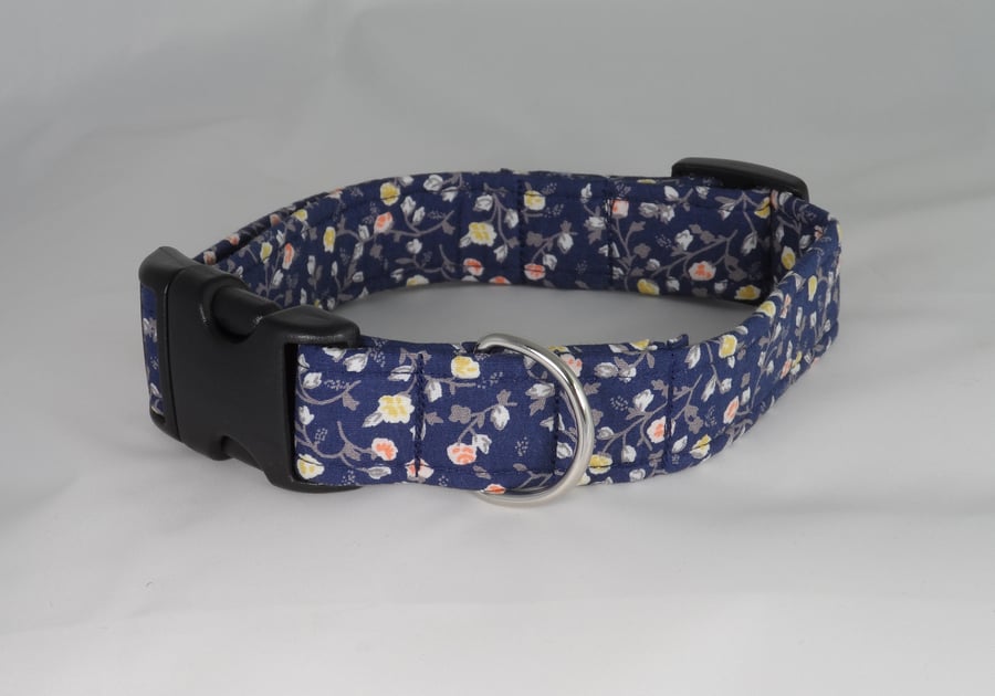 Handmade Summer Fabric Dog Collar - Navy Floral - Medium 