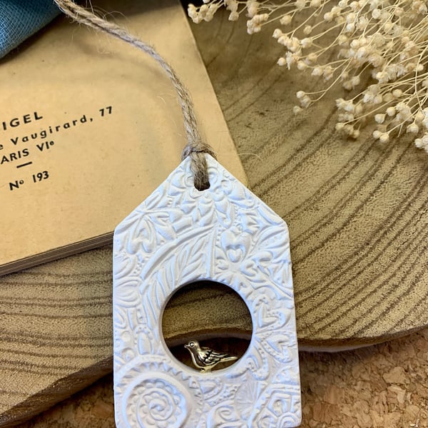 White Clay Floral Birdhouse Decoration, Ornament