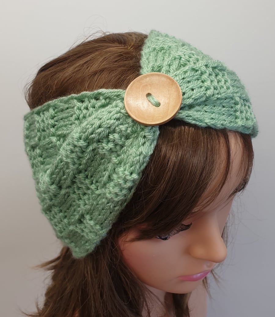 Hand knit women headband, green ear warmer, winter head wear