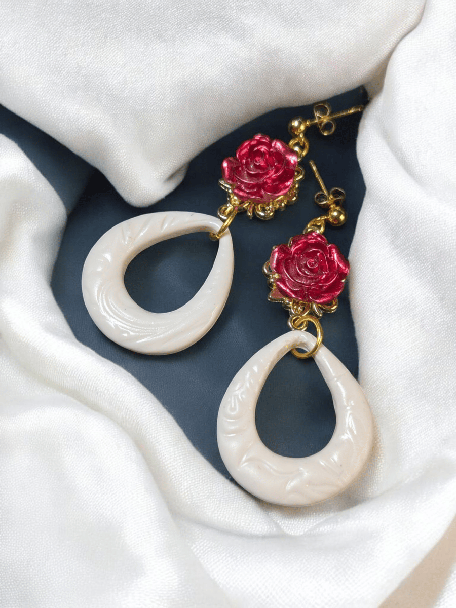 Off white tear drop with red rose charm handmade polymer clay Earring