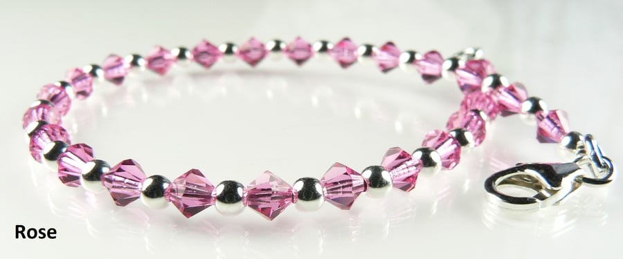 Rose pink Preciosa Czech glass beaded bracelet, lobster clasp, sterling silver