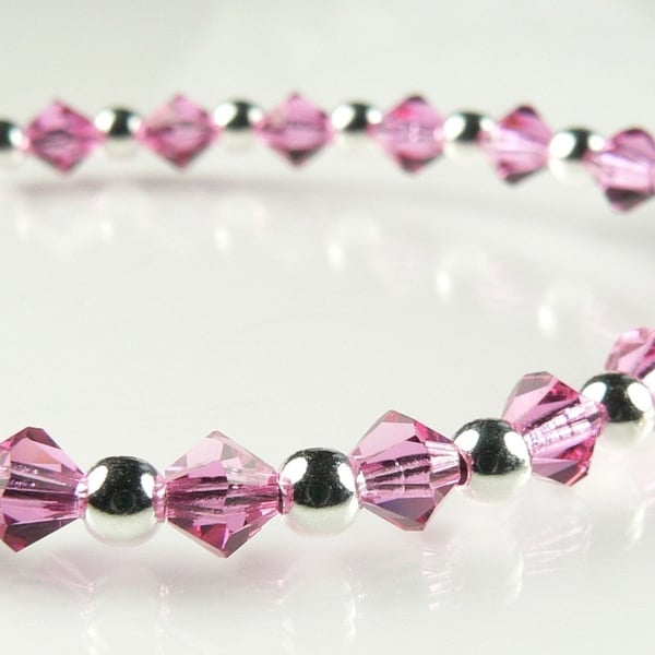 Rose pink Preciosa Czech glass beaded bracelet, lobster clasp, sterling silver