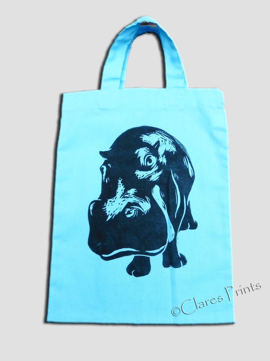 Blue Hippo Lino-Printed Hand Printed Mini Tote Shopping Bag Children