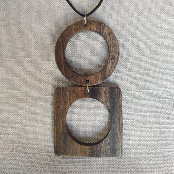 Ebony Geometric Wood Pendant Necklace Upcycled Statement Wood Jewelry