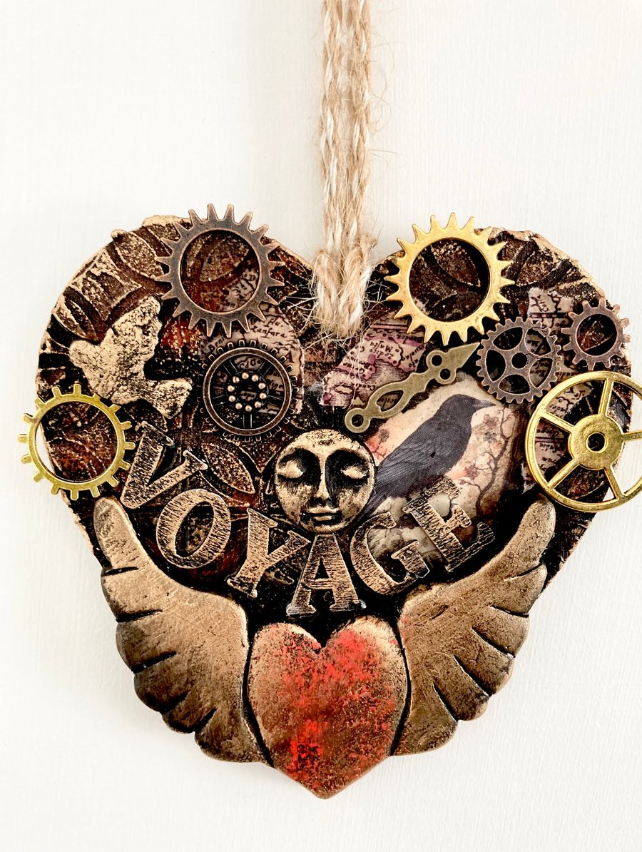 New Steampunk Heart Hanging Decoration Mixed Media Assemblage Handcrafted Gift