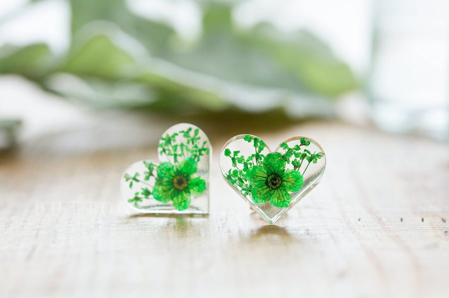 Real Flower Earrings Green Hearts Sterling Silver Botanical Jewelry Pressed Flow