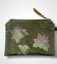 Lotus Flower Velvet Pouch, Olive Green Small Makeup Bag, Hand Printed Gift  - Image 5
