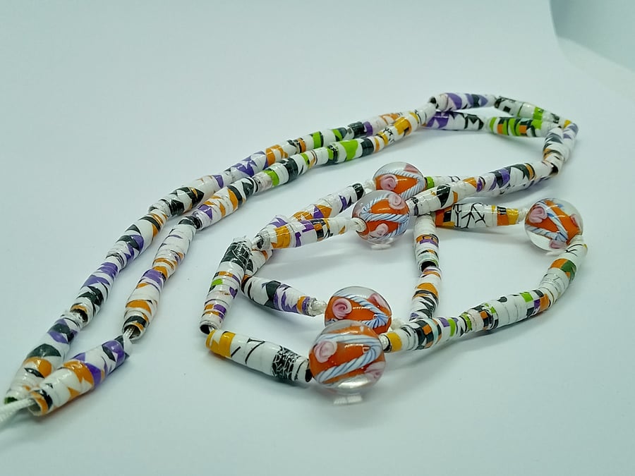 Handmade halloweiner multicoloured varnished paper bead necklace with lampwork