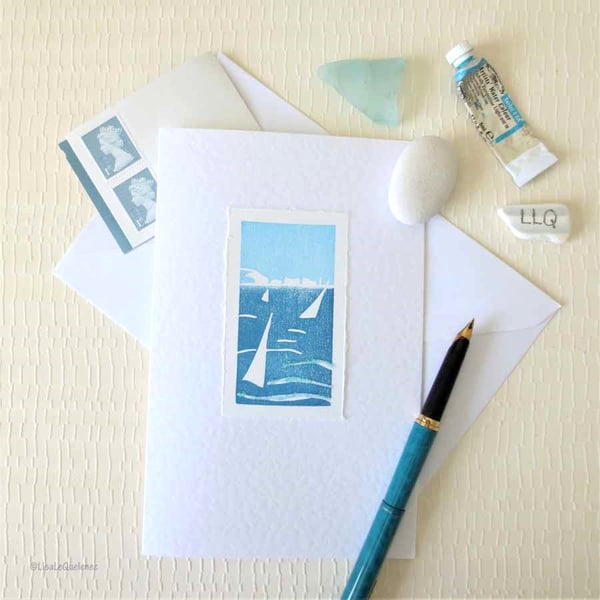 Summer sailing Isle of Wight coastal handprinted card 