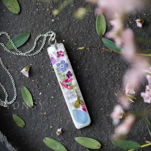 Real Flower Necklace Tiny Flowers Bar Flower Confetti Pressed Flower Necklace Gi