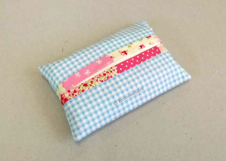 Pocket tissue holder in pale blue gingham fabric