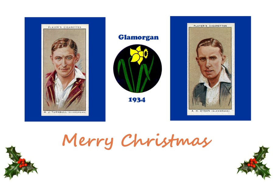 Cricket vintage 1934 design Christmas card. Glamorgan. FREE UK Postage