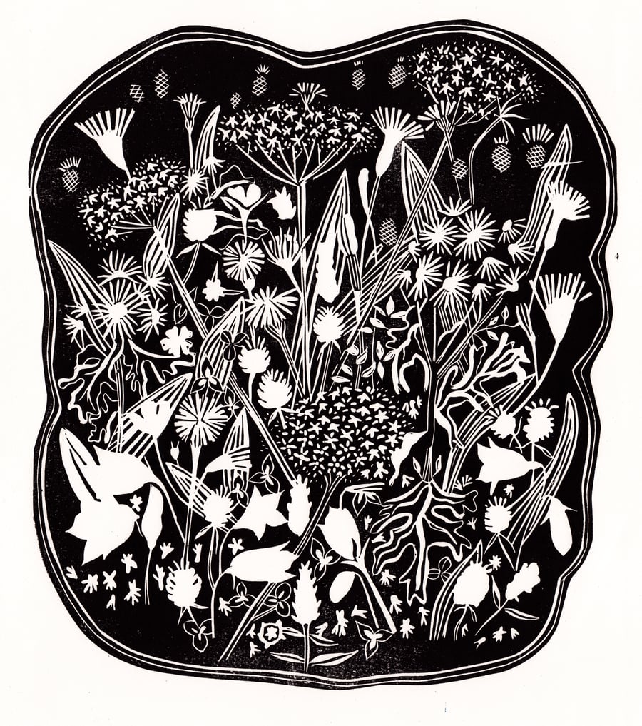 Original lino cut print VATERSAY MACHAIR II wild flowers meadow blooms wall art