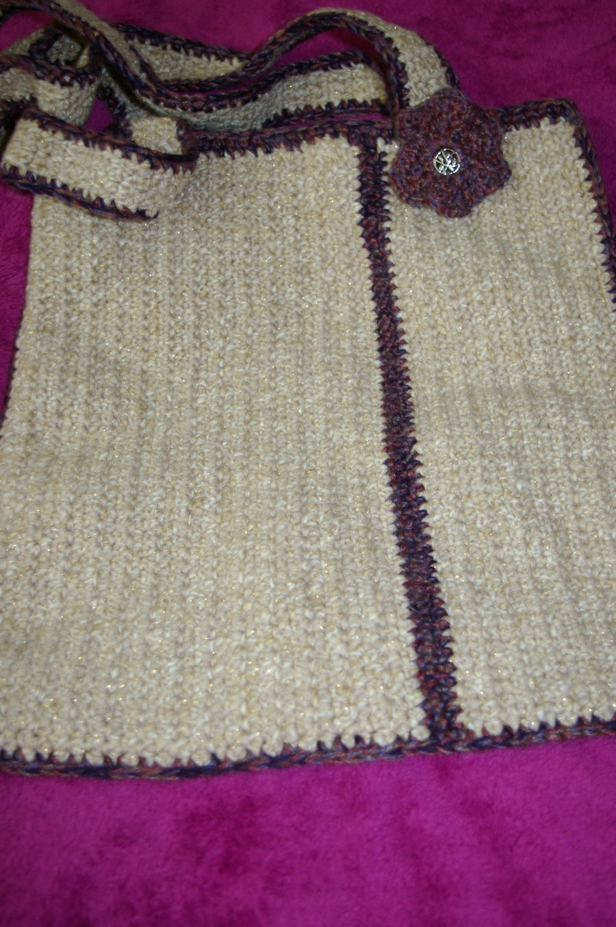 Bag crochet tote style crochet bag in Beige and gold fleck with purple
