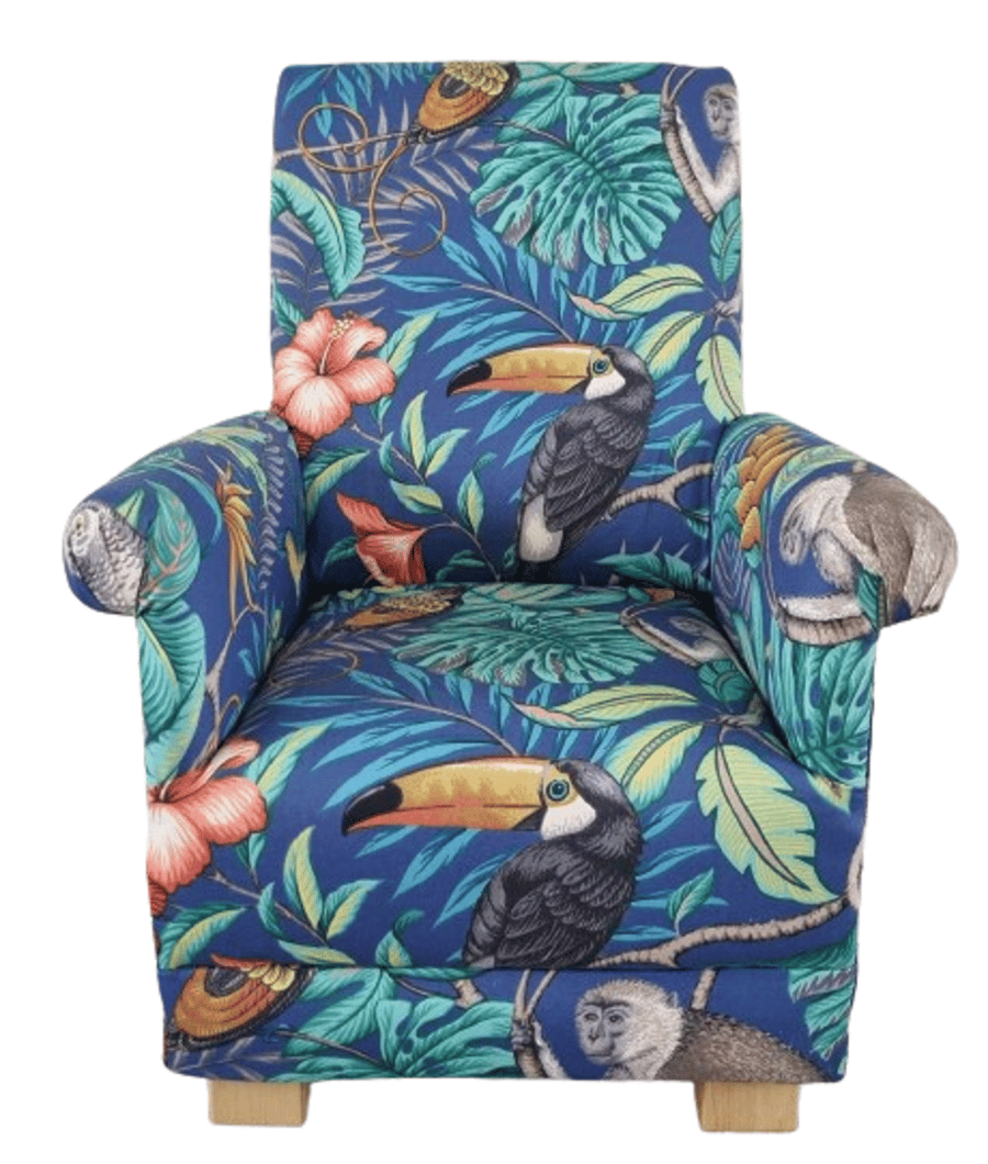 iLiv Rainforest Marine Blue Fabric Adult Armchair Chair Toucan Monkey Botanical