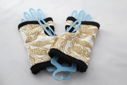 cream and gold abstract hand print gloves, hand warmers,Eco finger-less gloves,