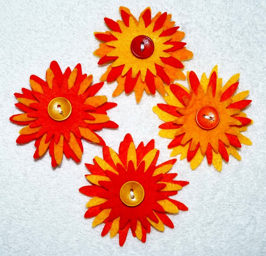 Felt Corsage in Reds Yellows and Orange with Wooden Button