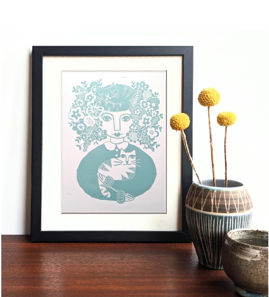 Mad catlady in mint - Original Lino Print