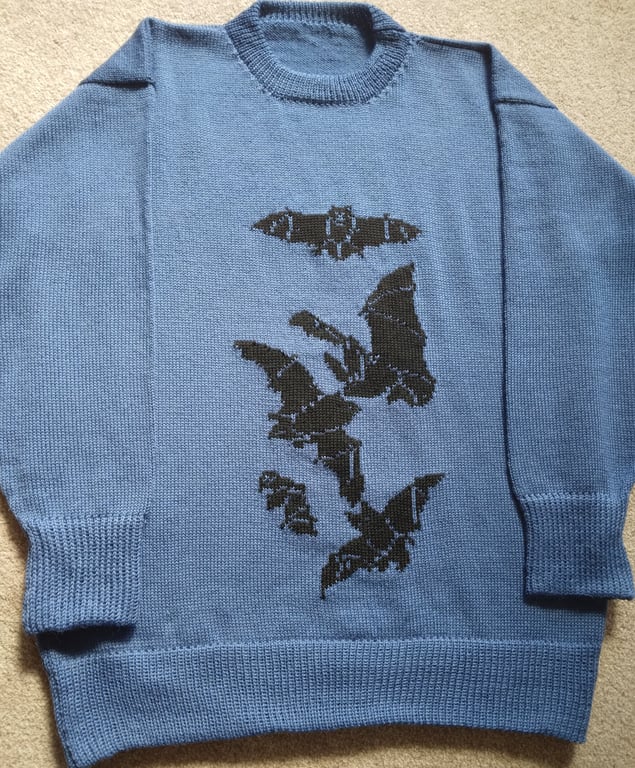 Bat jumper for halloween, goth. Machine washable wool. Made to order.