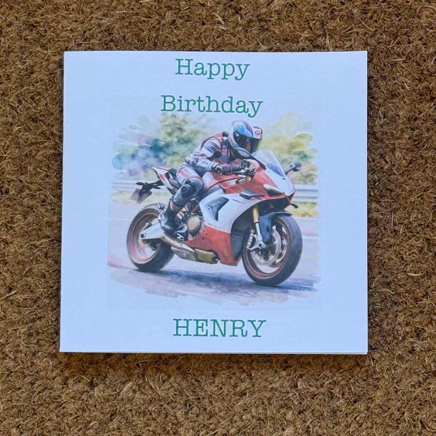 Red Sports Style Motorbike Birthday Card with Rider Personalised Foiled Message 