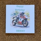 Red Sports Style Motorbike Birthday Card with Rider Personalised Foiled Message 