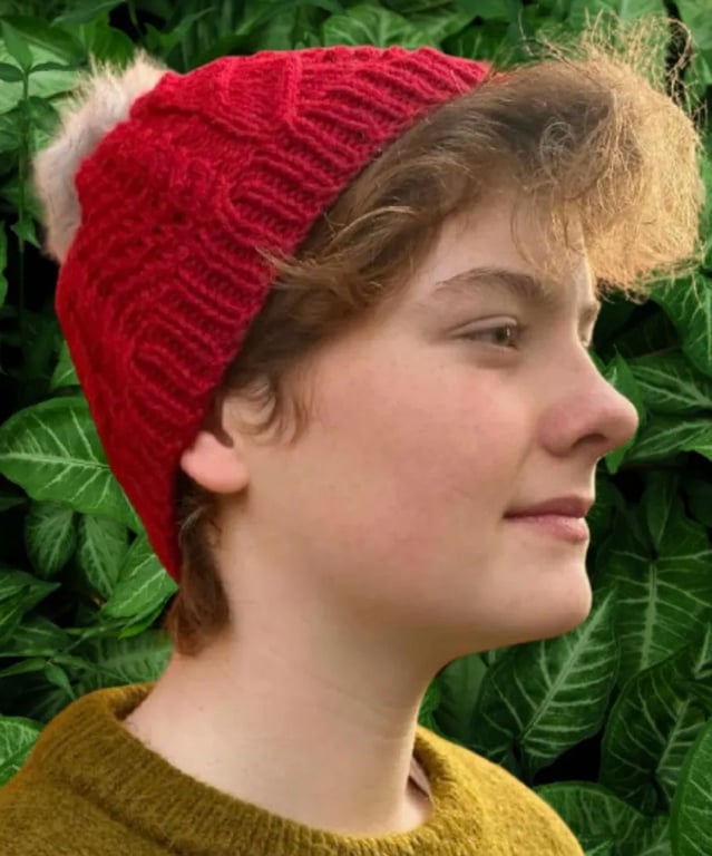Red, Pure Aran Wool Cable Pattern Knit Beanie Hat-Fits Average Woman's Head Size
