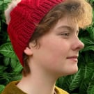Red, Pure Aran Wool Cable Pattern Knit Beanie Hat-Fits Average Woman's Head Size