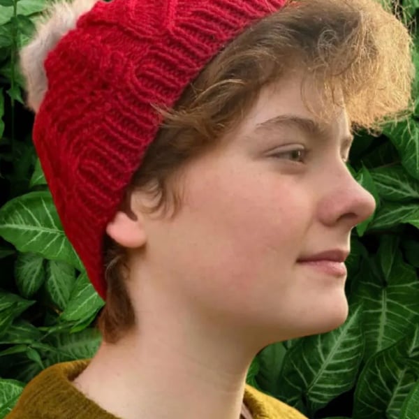 Red, Pure Aran Wool Cable Pattern Knit Beanie Hat-Fits Average Woman's Head Size