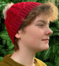 Red, Pure Aran Wool Cable Pattern Knit Beanie Hat-Fits Average Woman's Head Size