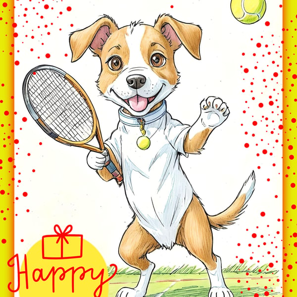 Happy Birthday Dog Playing Tennis Card A5