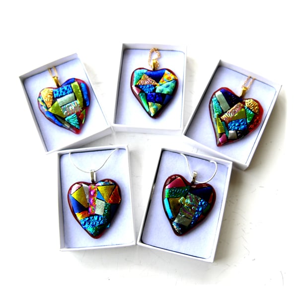 Patchwork Heart Dichroic Fused Glass Pendant Colour Choice Valentine