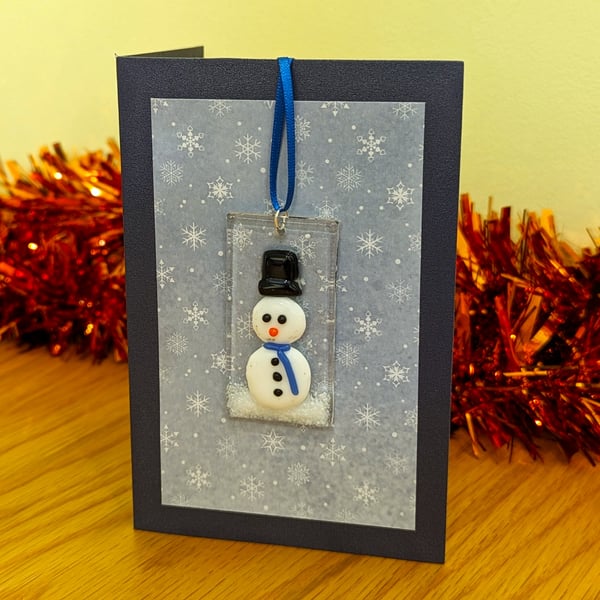 Fused Glass Snowman Hanger Decoration Card