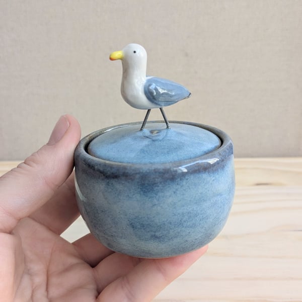 Summer Seconds Small ceramic lidded pot with seagull, tiny crack