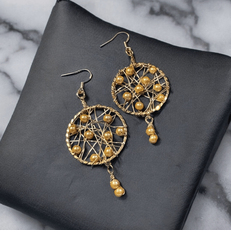 Wire Wrapped Gold Pearlised 30mm Hoop Earrings