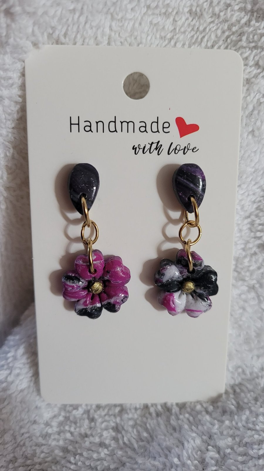 Handmade Polymer Clay Black, Purple and White Earrings. 316 Stainless Steel