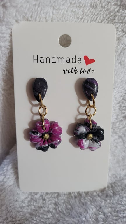 Handmade Polymer Clay Black, Purple and White Earrings. 316 Stainless Steel