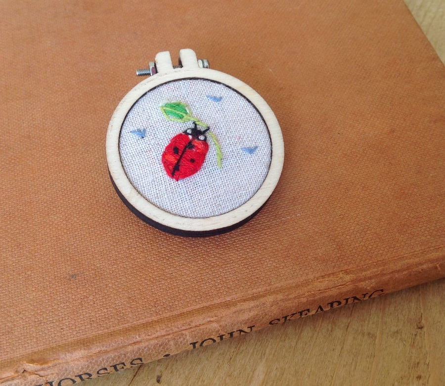Hand Embroidered Ladybird And Leaf Mini Hoop Brooch