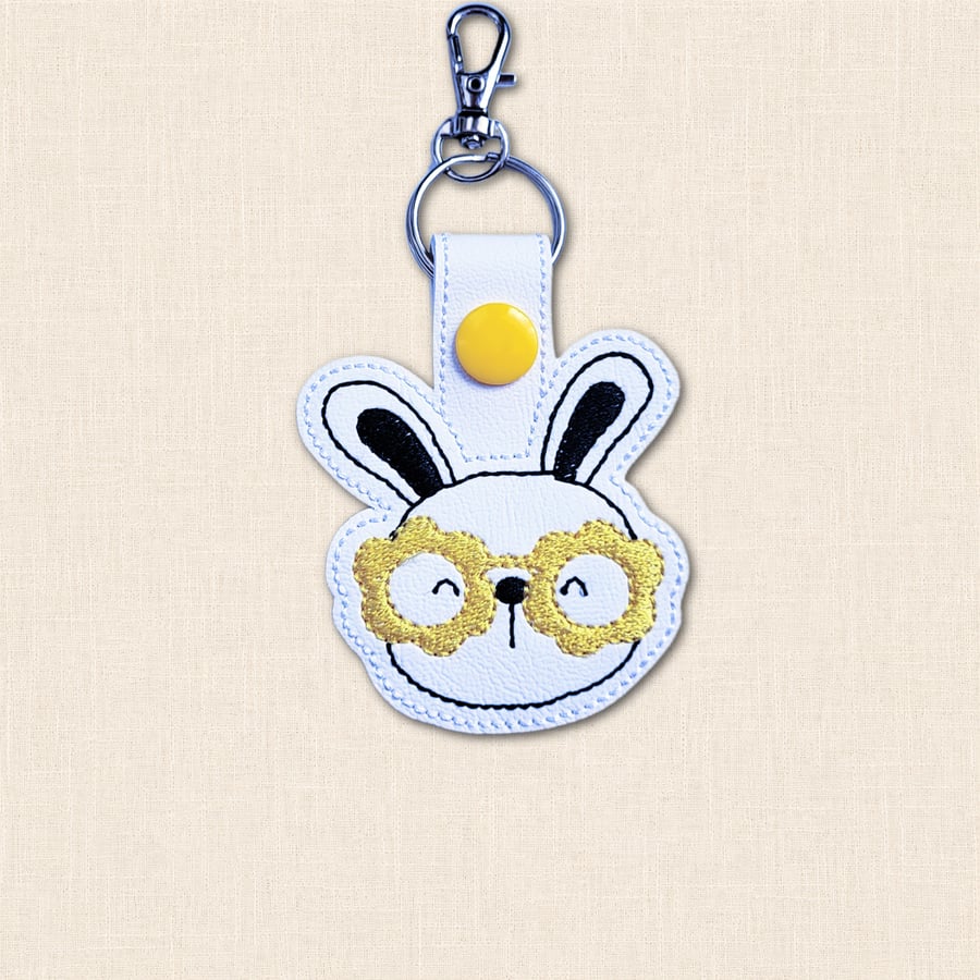 Kawaii Bunny Keyring - Embroidered Animal Bag Charm with Glasses