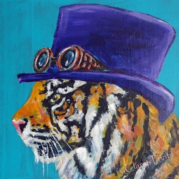 Steampunk Tiger Art Cat Original Acrylic Painting on Canvas OOAK Retro 