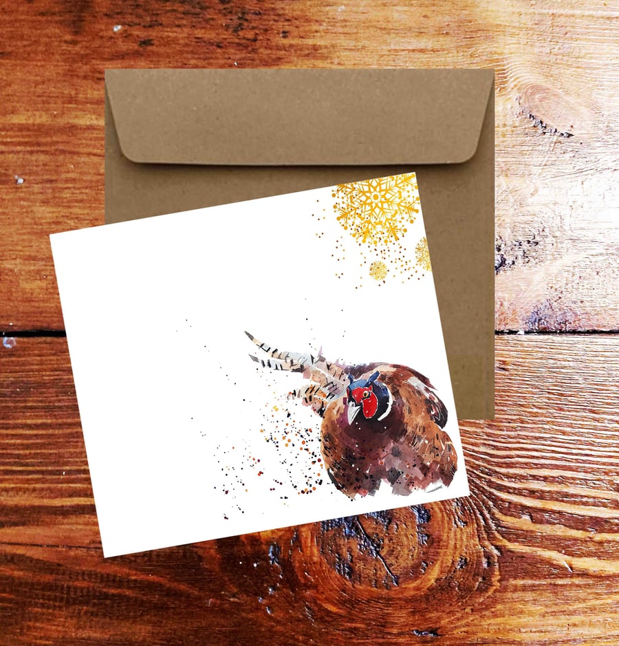 Pheasant Watercolour Art Square Christmas Card(s) Single Pack of 6.Pheasant Wate